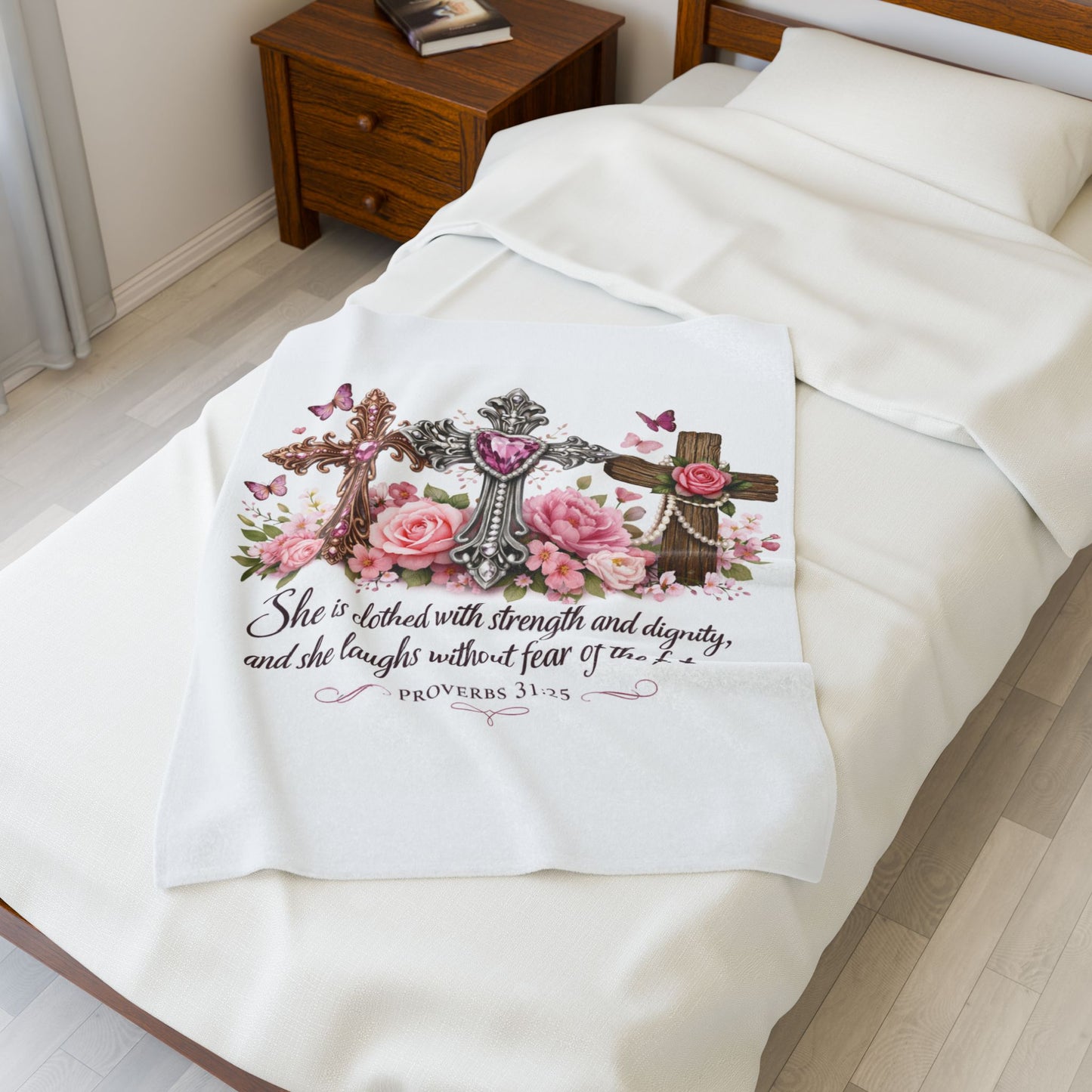 Christian Floral Cross Blanket — "She is clothed with strength and dignity" (Proverbs 31:25) Velveteen Plush