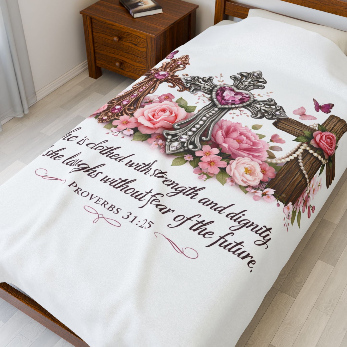 Christian Floral Cross Blanket — "She is clothed with strength and dignity" (Proverbs 31:25) Velveteen Plush