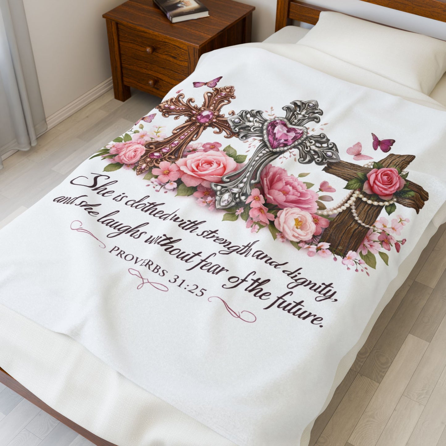 Christian Floral Cross Blanket — "She is clothed with strength and dignity" (Proverbs 31:25) Velveteen Plush