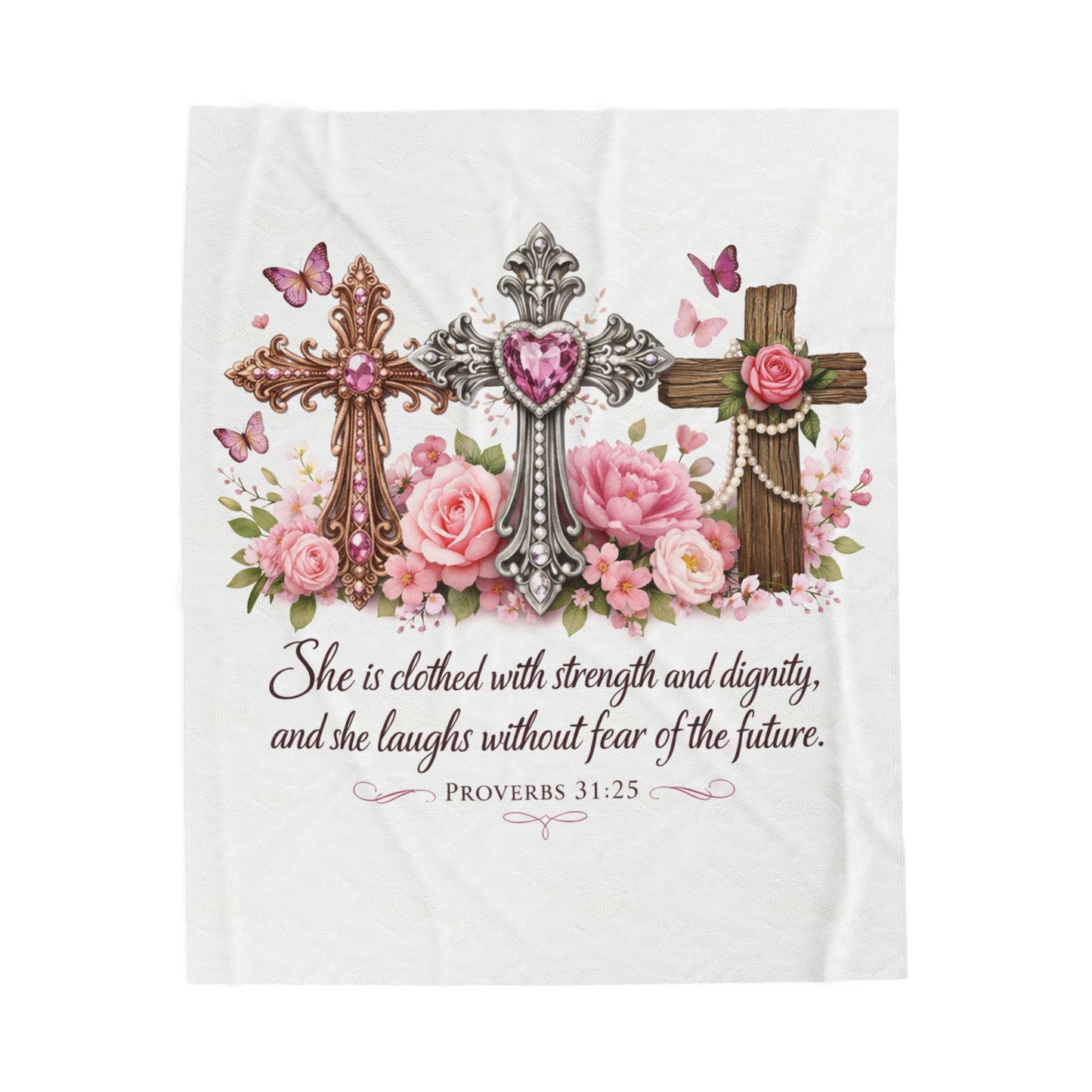 Christian Floral Cross Blanket — "She is clothed with strength and dignity" (Proverbs 31:25) Velveteen Plush