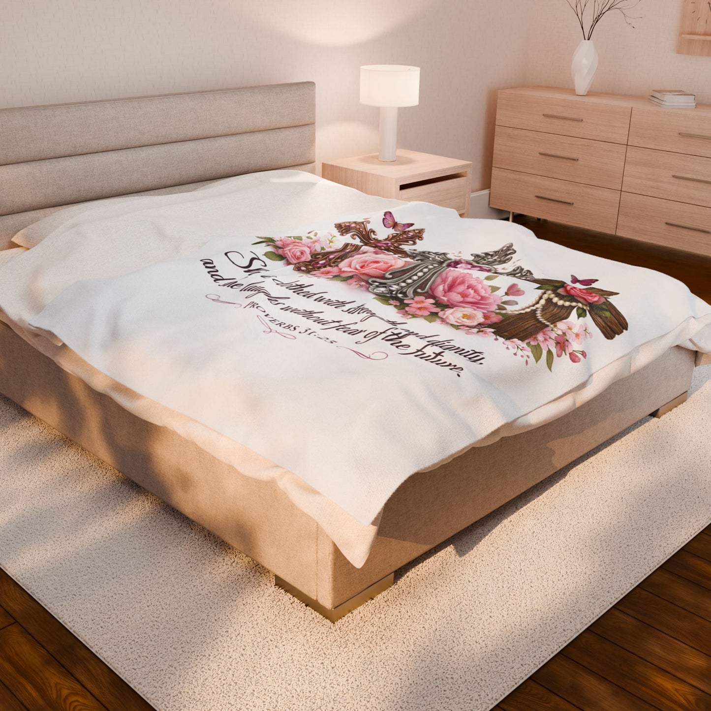 Christian Floral Cross Blanket — "She is clothed with strength and dignity" (Proverbs 31:25) Velveteen Plush